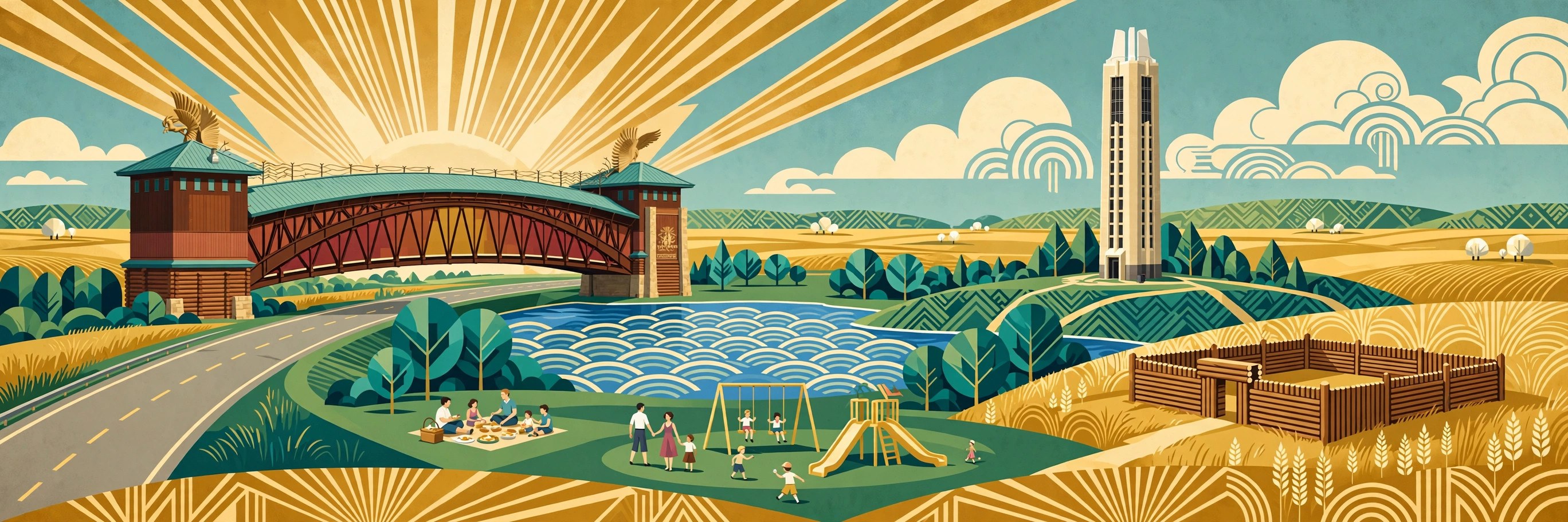 Art deco illustration of Kearney — the Great Platte River Road Archway spanning I-80, Yanney Heritage Park, the UNK campus, Fort Kearney, green prairie parks, and families at a playground